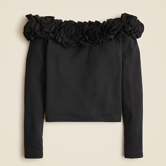 J. Crew Black Off-Shoulder Cotton Stretch Top with Rosette Ruffle Accents Size M - Picture 2 of 7